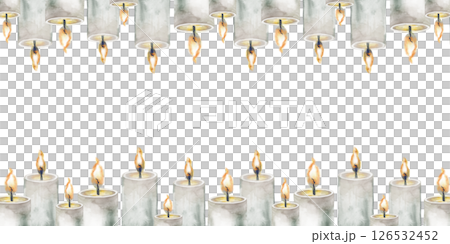 Horizontal frame with burning candles on a white background. Watercolor illustration with gray candles. Empty space for insertion. Suitable for Halloween or other holiday. Mysticism. 126532452