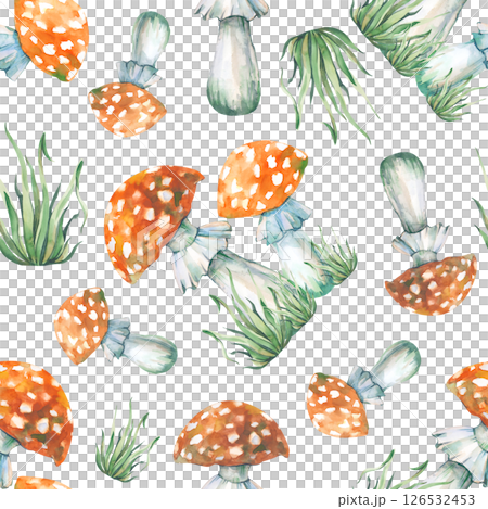 Seamless pattern with fly agaric and grass on a white background. Watercolor illustration with poisonous red mushrooms and green grass. Seamless background for a fabulous or childish design. Seamless pattern with fly agaric and grass on a white background. Watercolor illustration with poisonous red mushrooms and green grass. Seamless background for a fabulous or childish design. 126532453
