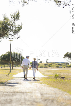 Senior couple walking away on path holding hands in park Senior couple walking away on path holding hands in park 126532514