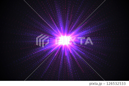 Colorful hyperspace burst with glowing pink and purple rays in deep space. Futuristic sci-fi tunnel effect for abstract and cosmic background. Star warp effect. Vector Illustration 126532533