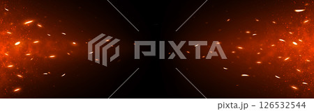 Fire sparks flying from both sides on a dark background. Glowing orange embers and particles. Fiery scene template. Realistic flame effect. Vector Illustration Fire sparks flying from both sides on a dark background. Glowing orange embers and particles. Fiery scene template. Realistic flame effect. Vector Illustration 126532544