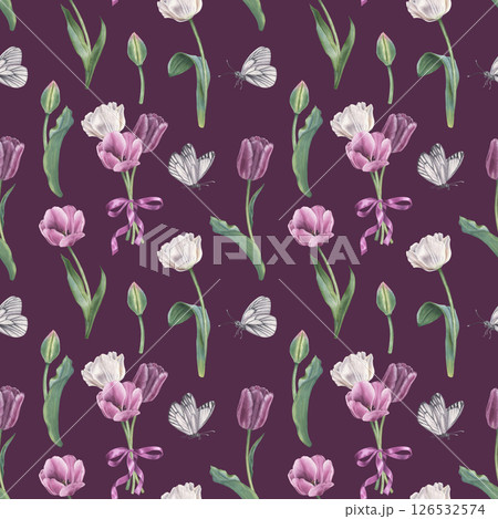 Seamless botanical pattern with tulips, butterflies and bow in purple and white colors. Hand drawn watercolor illustration of spring flowers on burgundy isolated background. For wallpaper or textiles. 126532574