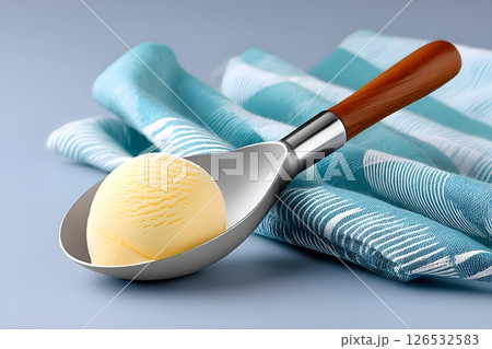 A perfectly round scoop of vanilla ice cream in a professional stainless steel ice cream scoop with a wooden handle, positioned against a striped turquoise and white kitchen towel.  126532583