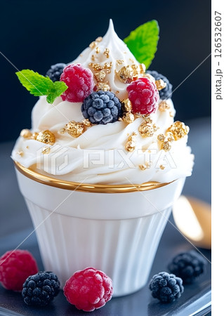 Luxurious whipped cream dessert served in an elegant white ramekin with gold rim. The dessert is topped with fresh raspberries, blackberries, mint leaves, and decorative gold sprinkles. Luxurious whipped cream dessert served in an elegant white ramekin with gold rim. The dessert is topped with fresh raspberries, blackberries, mint leaves, and decorative gold sprinkles. 126532607