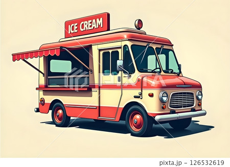 This playful illustration depicts a vintage-style ice cream truck with a charming retro design, highlighted in cheerful colors of red and cream.  126532619