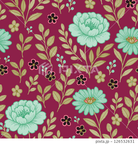 This seamless teal floral fabric features an elegant pattern, perfect for backgrounds, textiles. Ideal for various creative projects. 126532631