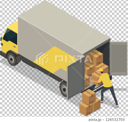 Isometric delivery truck with worker unloading package 126532703