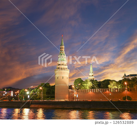 Night view of the Moskva River and Kremlin, Russia, Moscow (most popular view). Against the background of a beautiful sky with clouds Night view of the Moskva River and Kremlin, Russia, Moscow (most popular view). Against the background of a beautiful sky with clouds 126532889