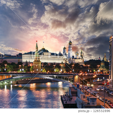 Night view of the Moskva River and Kremlin, Russia, Moscow (most popular view). Against the background of a beautiful sky with clouds 126532896