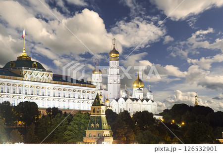 Night view of the Moscow Kremlin, Russia (the most popular view). Against the background of a beautiful sky with clouds 126532901