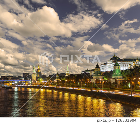 Night view of the Moskva River and Kremlin, Russia, Moscow (most popular view). Against the background of a beautiful sky with clouds 126532904