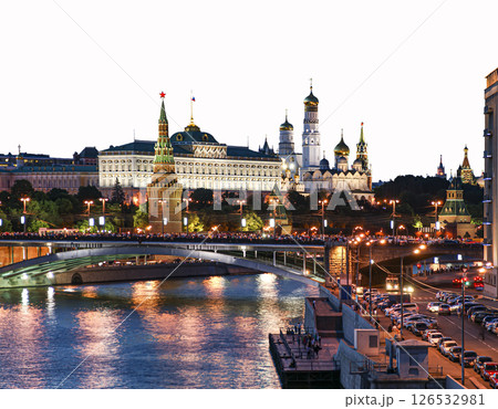Night view of the Moscow Kremlin, Russia (the most popular view). Carved on white background Night view of the Moscow Kremlin, Russia (the most popular view). Carved on white background 126532981