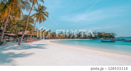 Tropical Beach Paradise White Sand Azure Water Palm Trees Vacation sea sky sun blue calm ocean coast 126533118