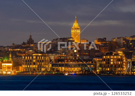 Galata Tower and Golden Horn bay at night. Istanbul, Turkey 126533252