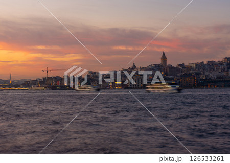 Galata Tower and Golden Horn bay at night. Istanbul, Turkey 126533261
