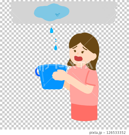 Illustration of a woman having trouble with a rain-damaged ceiling 126533352