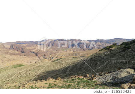 Typical mountain landscape, Jordan, Middle East  (photography from a high point). Carved on white background 126533425