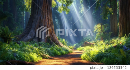 Majestic Redwood Forest Path Sunlight Beams Nature Scene Lush Trees Green Ferns Image Serene Summer 126533542