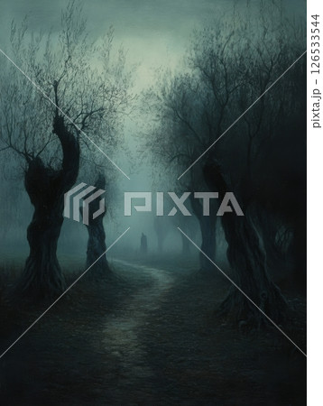 Mysterious Dark Foggy Forest Path Lonely Figure Trees art way old mist mood road blue gray woods 126533544