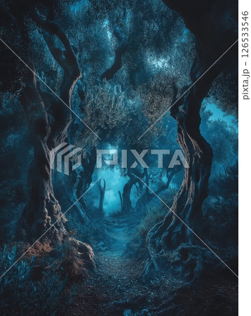Enchanted Dark Blue Forest Mystical Path Nature Scene old fog art mood mist trees woods night olive 126533546