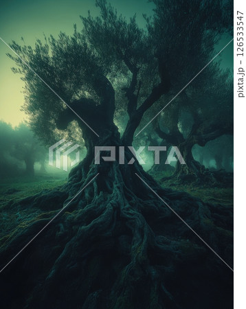 Ancient Olive Trees Mystical Foggy Forest Dark Roots Nature old mist teal bark soil view green image 126533547
