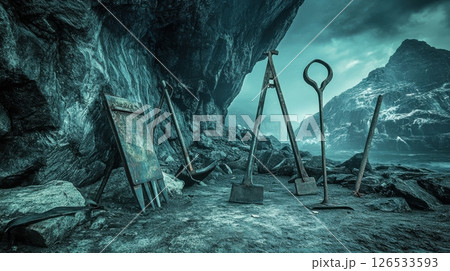 Ancient Tools Rustic Landscape Moody Atmosphere Dark Teal Rocks Mountains Nature Scene Vintage Aged 126533593