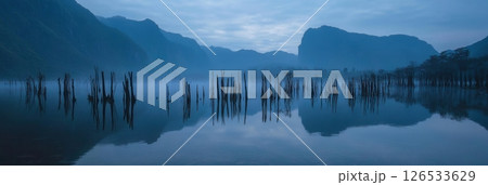 Serene Blue Lake Mountain Landscape Reflection Peaceful Nature Scenery Tranquil Dawn Misty Calm 126533629