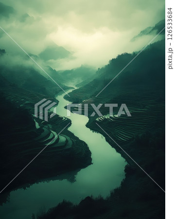 Serene Green Rice Terraces Misty Mountain River Valley Landscape Sky Calm View Dawn Dusk Asia Foggy 126533684