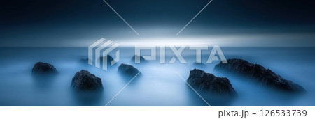 Serene Ocean Rocks Misty Blue Tranquil Seascape Dramatic Nature Photography Peaceful Calm Water 126533739