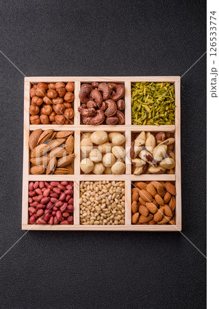 Mix of macadamia, pine, cashew, hazelnut, peanut, pistachio nuts Mix of macadamia, pine, cashew, hazelnut, peanut, pistachio nuts 126533774