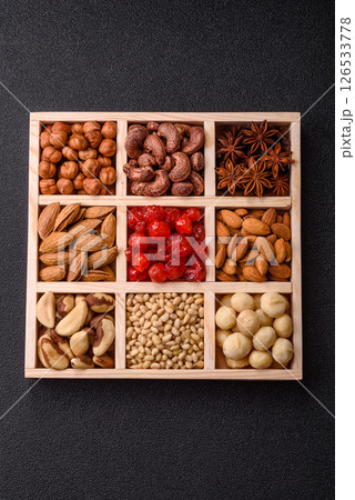 Mix of macadamia, pine, cashew, hazelnut, peanut, pistachio nuts Mix of macadamia, pine, cashew, hazelnut, peanut, pistachio nuts 126533778