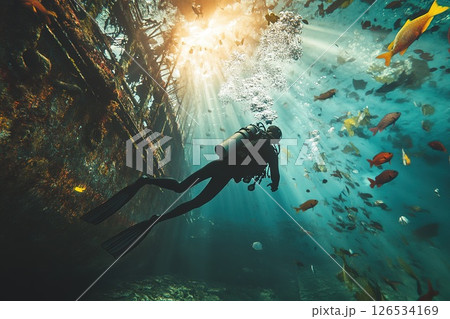 Scuba diver navigates the underwater world, exploring a decaying shipwreck teeming with colorful fish and vibrant coral, showcasing the beauty and mystery of the deep sea Scuba diver navigates the underwater world, exploring a decaying shipwreck teeming with colorful fish and vibrant coral, showcasing the beauty and mystery of the deep sea 126534169