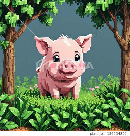 かわいいドット絵　ぶたさん ラインスタンプ風  はにかみ 126534293