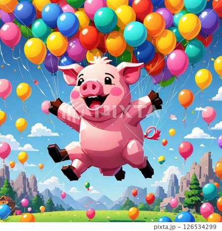 かわいいドット絵　ぶたさん ラインスタンプ風  わくわく 126534299