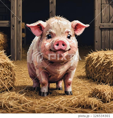 かわいいドット絵　ぶたさん ラインスタンプ風  しかめっ面 126534301