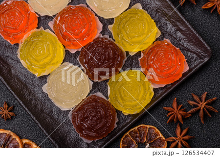 Jelly candies or homemade marmalade with different flavors 126534407