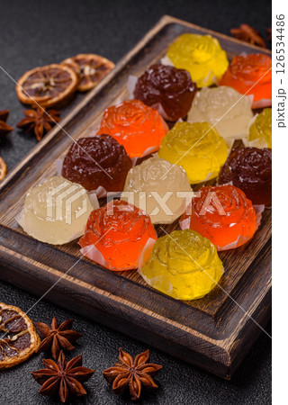 Jelly candies or homemade marmalade with different flavors 126534486