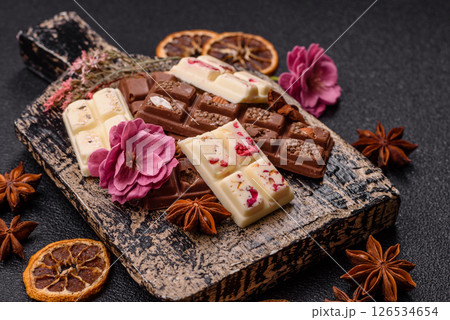 Multicolored handmade chocolate bars pink, white, brown colors Multicolored handmade chocolate bars pink, white, brown colors 126534654
