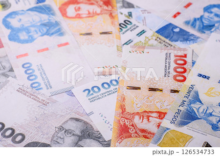 Paper money, banknotes of different denominations of Argentina, peso 126534733