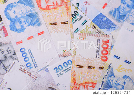 Paper money, banknotes of different denominations of Argentina, peso 126534734