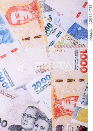 Paper money, banknotes of different denominations of Argentina, peso 126534735