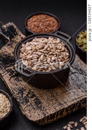 Peeled sunflower seeds in a bowl, an ingredient for making vegetarian food Peeled sunflower seeds in a bowl, an ingredient for making vegetarian food 126534927