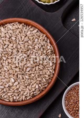 Peeled sunflower seeds in a bowl, an ingredient for making vegetarian food 126534957
