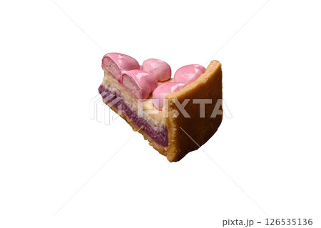 Sweet cheesecake with berry flavor, decorated with pink hearts 126535136
