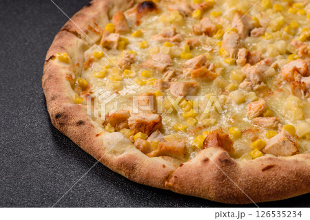 Hawaiian pizza with chicken, pineapple, corn and cheese Hawaiian pizza with chicken, pineapple, corn and cheese 126535234