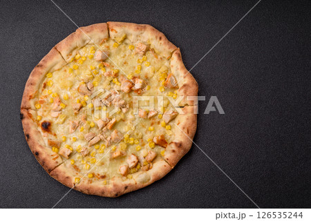 Hawaiian pizza with chicken, pineapple, corn and cheese Hawaiian pizza with chicken, pineapple, corn and cheese 126535244