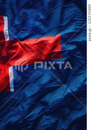 Iceland Independence Day, close-up Icelandic flag, silk fabric texture, abstract background, vertical banner, copy space, free space for text 126535809