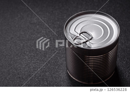 Metal cylindrical can with canned food 126536228