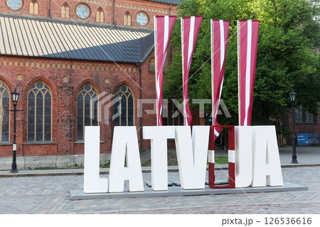 Latvia sign at Dome square in Riga's old town 126536616