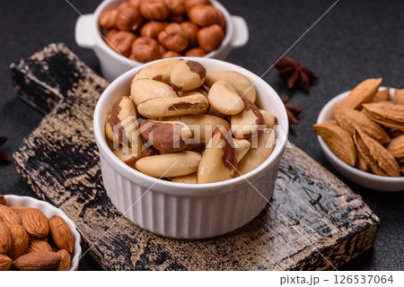 Brazil nut kernels in ceramic bowl 126537064